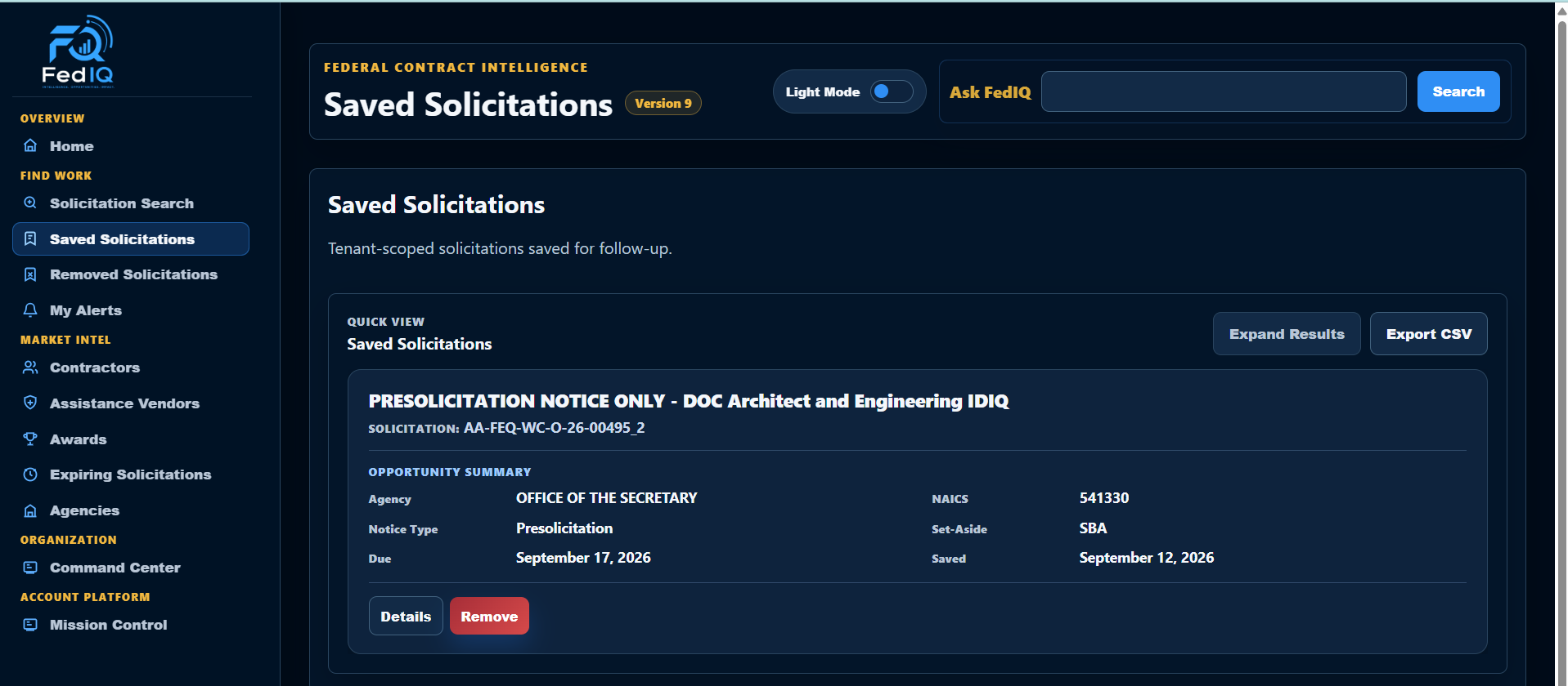 FedIQ360 saved solicitations